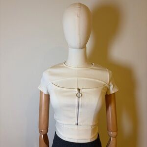 Attirance White Ribbed Cut-Out Zip Front Crop Top XS